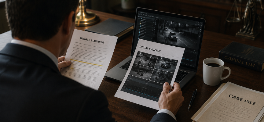 Criminal defence lawyer comparing witness statements with digital evidence to evaluate inconsistencies in a criminal investigation.