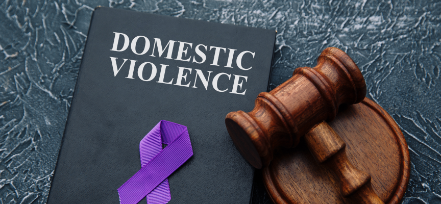Black legal book titled Domestic Violence alongside a purple awareness ribbon and a wooden judge's gavel on a textured dark background.