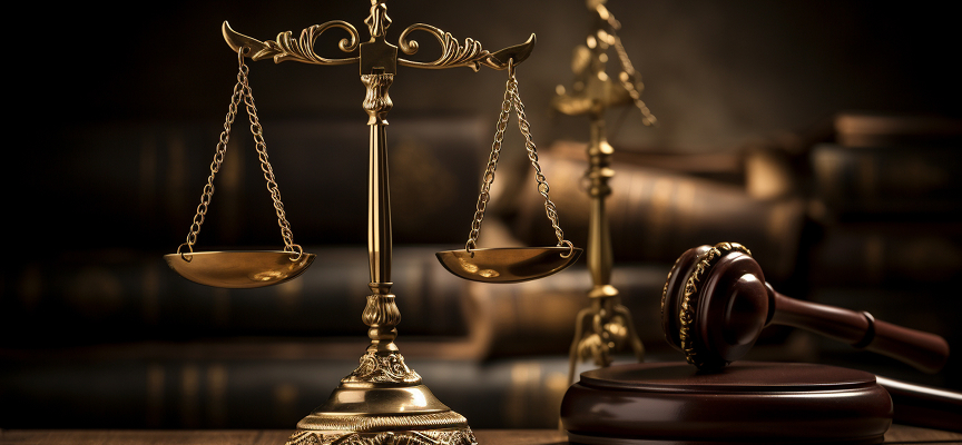 Golden brass scales of justice and wooden judge's gavel representing criminal defence against attempted murder charges Edmonton.