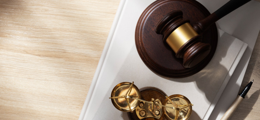 Overhead view of a wooden gavel, brass scales, and legal documents prepared for defence against attempted murder charges Edmonton.